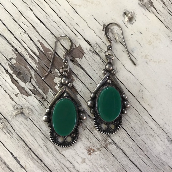 Old pawn 1960s sterling & stone boho earrings - Picture 1 of 15